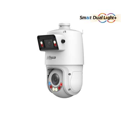 Witte Dahua X-Spans PTZ-beveiligingscamera met dubbele lens, Smart Dual Light en actieve afschrikking op een witte achtergrond.