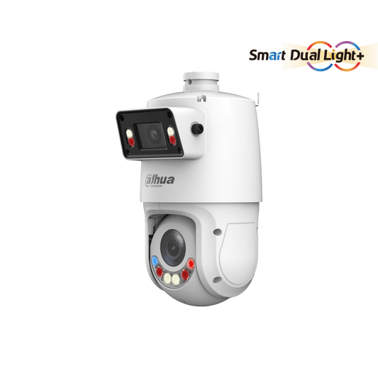 Witte Dahua X-Spans PTZ-beveiligingscamera met dubbele lens, Smart Dual Light en actieve afschrikking op een witte achtergrond.