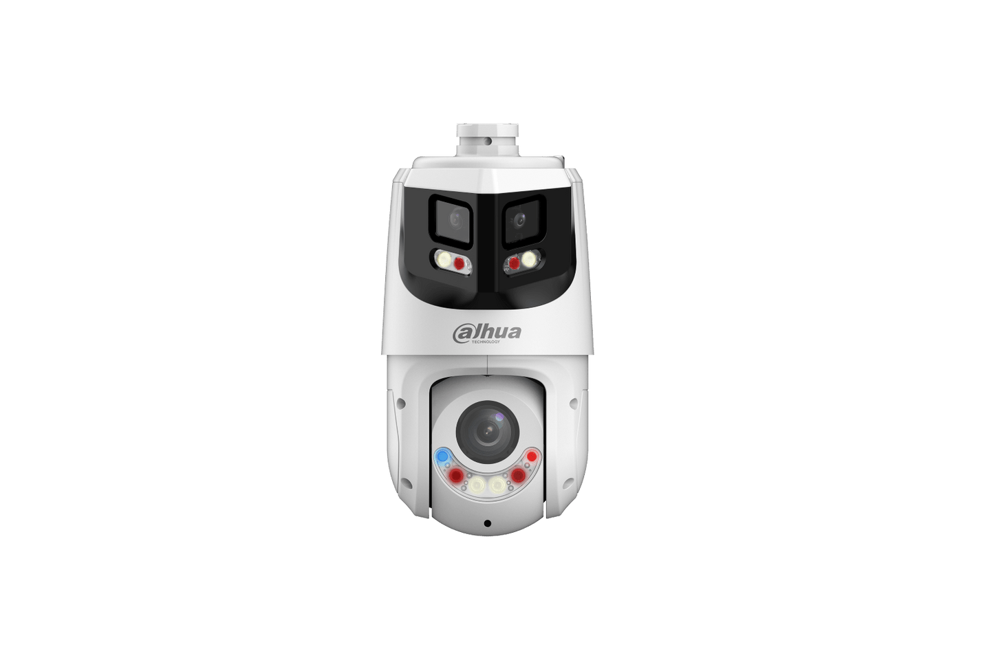 Witte Dahua X-Spans beveiligingscamera met dubbele lens, panoramisch zicht, PTZ-functie en geïntegreerde actieve afschrikking.