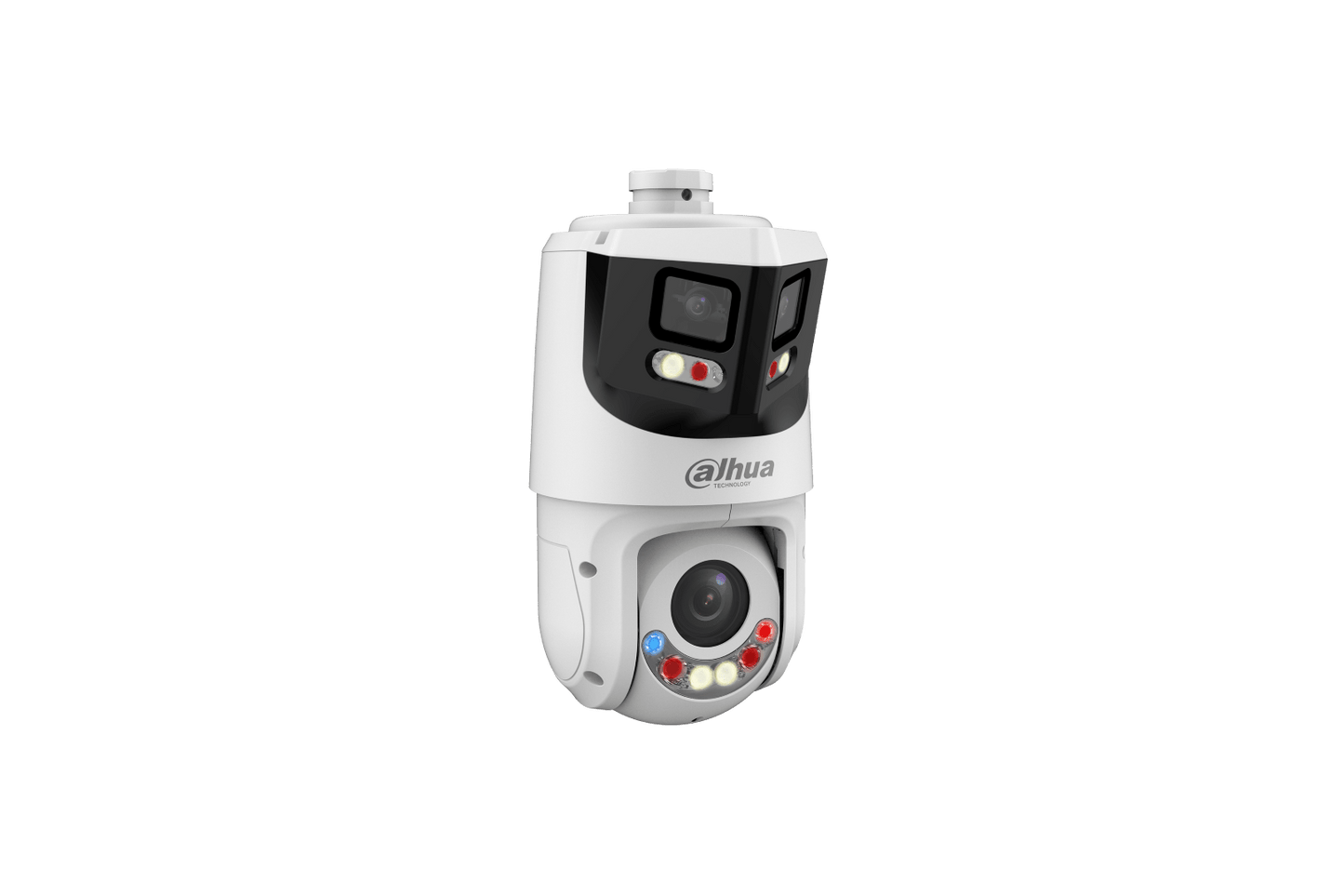 Witte Dahua X-Spans beveiligingscamera met dubbele lens, panoramische weergave, PTZ-functie en geïntegreerde verlichting.