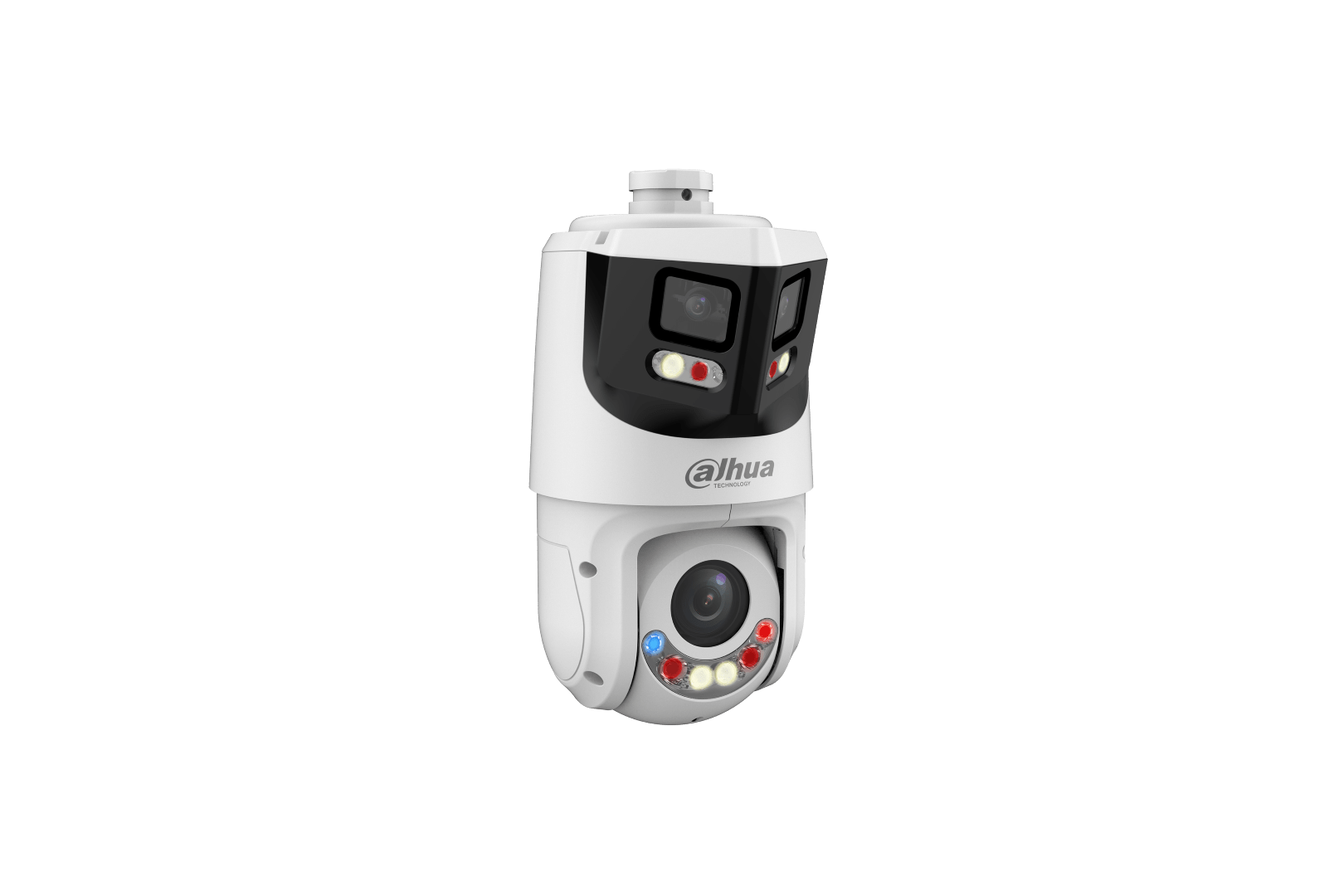 Witte Dahua X-Spans beveiligingscamera met dubbele lens, panoramische weergave, PTZ-functie en geïntegreerde verlichting.