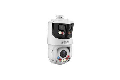Witte Dahua X-Spans beveiligingscamera met dubbele lens, panoramische weergave, PTZ-functie en geïntegreerde verlichting.