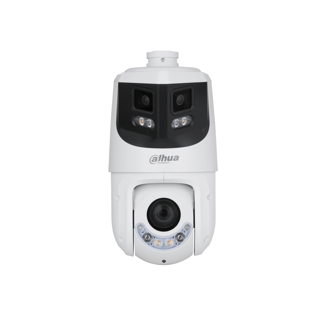 Witte Dahua X-Spans beveiligingscamera met dubbele panoramische lenzen, PTZ-detailcamera en ingebouwde LED-verlichting.