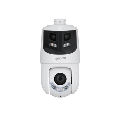 Witte Dahua X-Spans beveiligingscamera met dubbele panoramische lenzen, PTZ-detailcamera en ingebouwde LED-verlichting.
