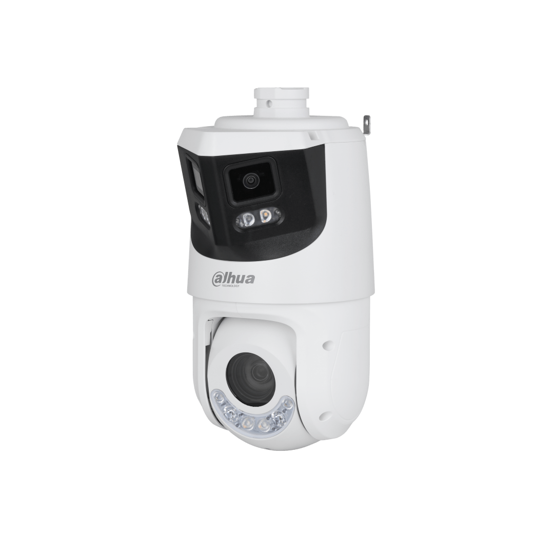 Witte Dahua X-Spans beveiligingscamera met panoramische lens, PTZ-detailcamera, IR-verlichting en actieve afschrikking.