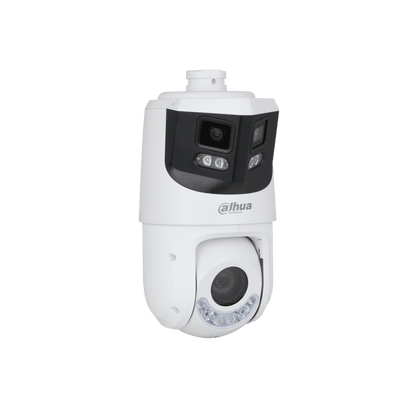 Witte Dahua X-Spans beveiligingscamera met dubbele lens, panoramische weergave en PTZ-detailcamera.