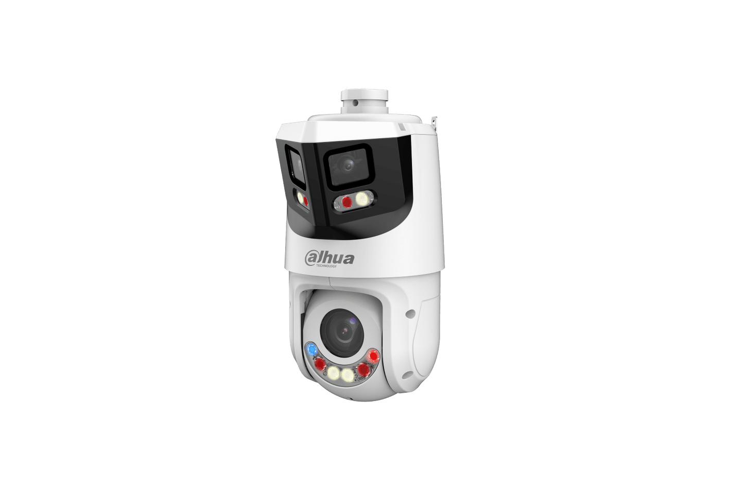 Witte Dahua X-Spans PTZ-beveiligingscamera met dubbele lens, panoramisch zicht en ingebouwde led-verlichting.