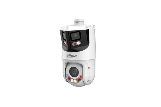Witte Dahua X-Spans PTZ-beveiligingscamera met dubbele lens, panoramisch zicht en ingebouwde led-verlichting.