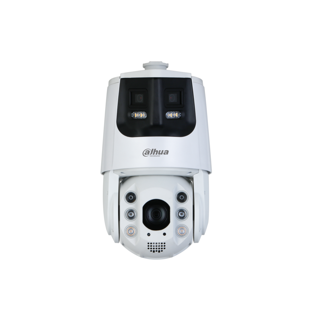 Witte Dahua PTZ-beveiligingscamera met dubbele lens, panoramische samenvoeging, IR-verlichting en ingebouwde luidspreker.