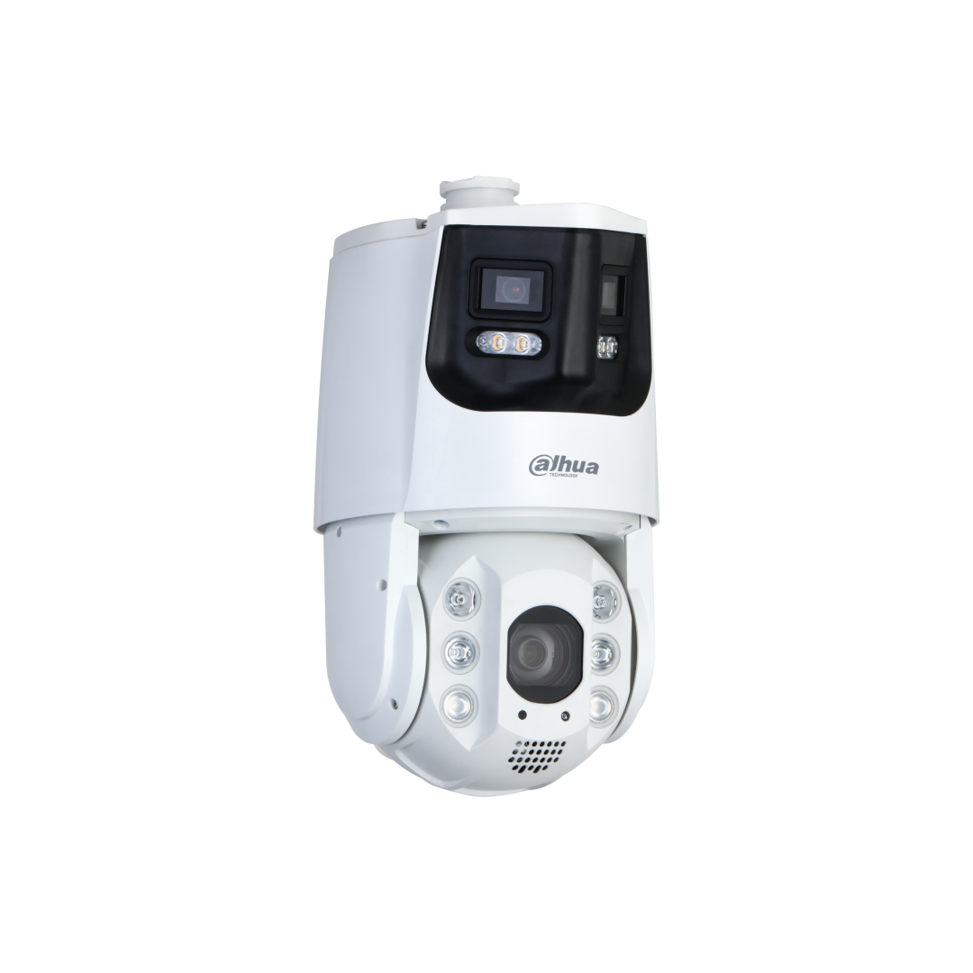 Witte Dahua PTZ-beveiligingscamera met dubbele lens, IR-verlichting en AI-functies tegen een witte achtergrond.