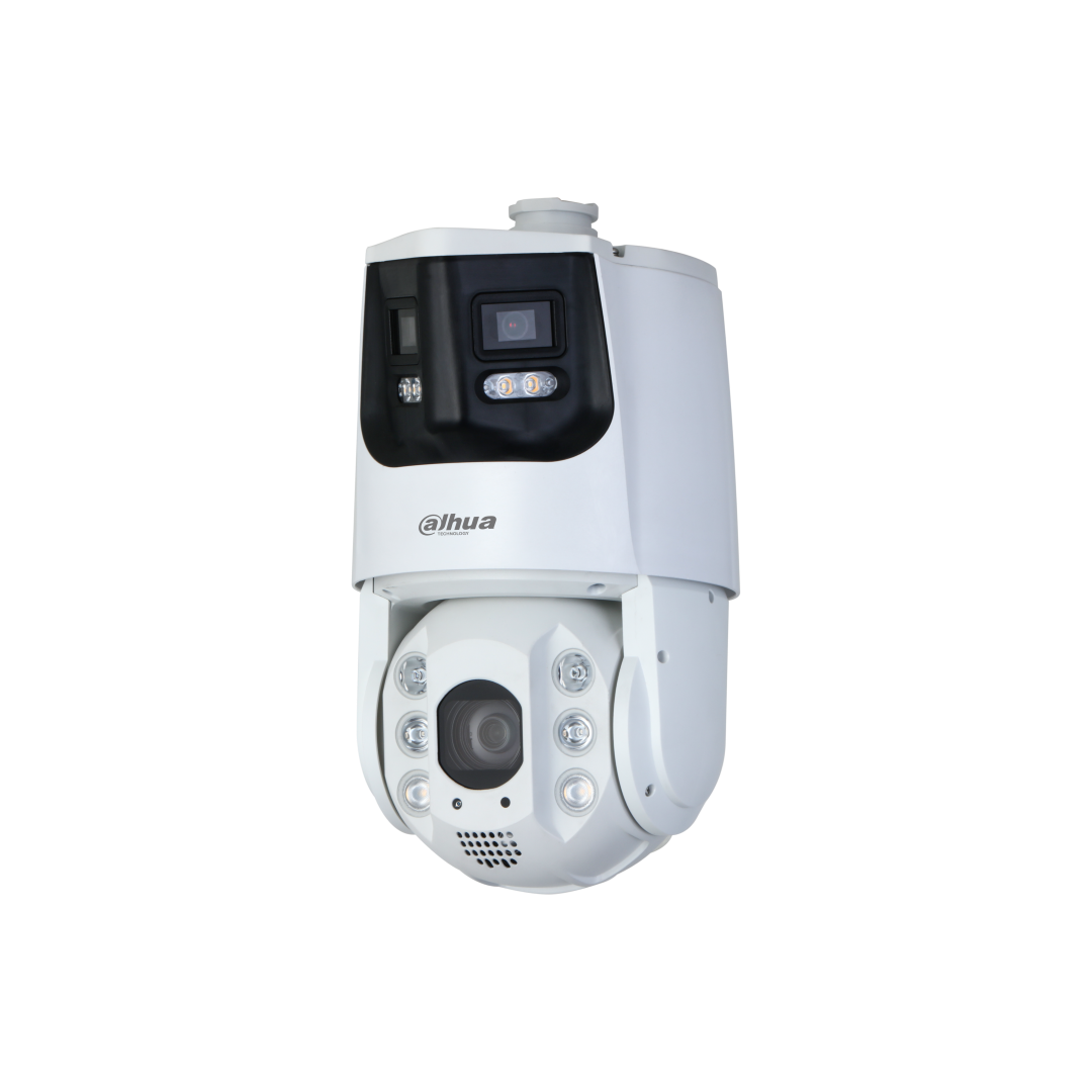 Witte Dahua PTZ-beveiligingscamera met dubbele lens, AI-functies, ingebouwde LED-verlichting en robuuste behuizing.