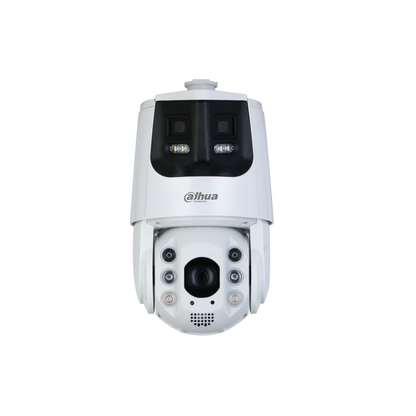 Witte Dahua multi-sensor PTZ-beveiligingscamera met dubbele lens, IR-verlichting en geïntegreerde alarmlichten.