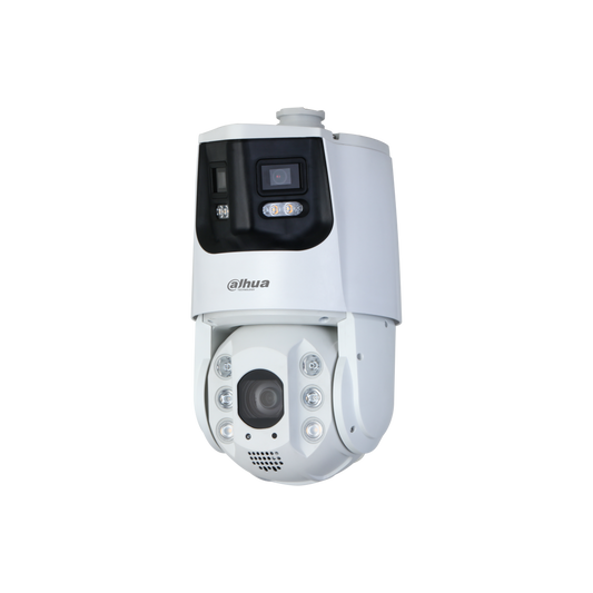 Witte Dahua PTZ-beveiligingscamera met dubbele lens, infraroodverlichting en geïntegreerd alarmlicht op witte achtergrond.