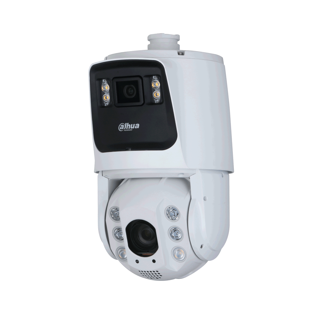 Witte Dahua panoramische PTZ-beveiligingscamera met dubbele lens, infraroodverlichting en geïntegreerde alarmlichten.