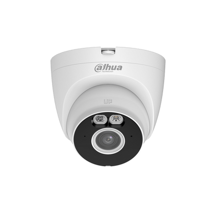 Witte Dahua T4A-PV domecamera met 4MP lens, ingebouwde LED-verlichting en microfoon voor beveiliging.
