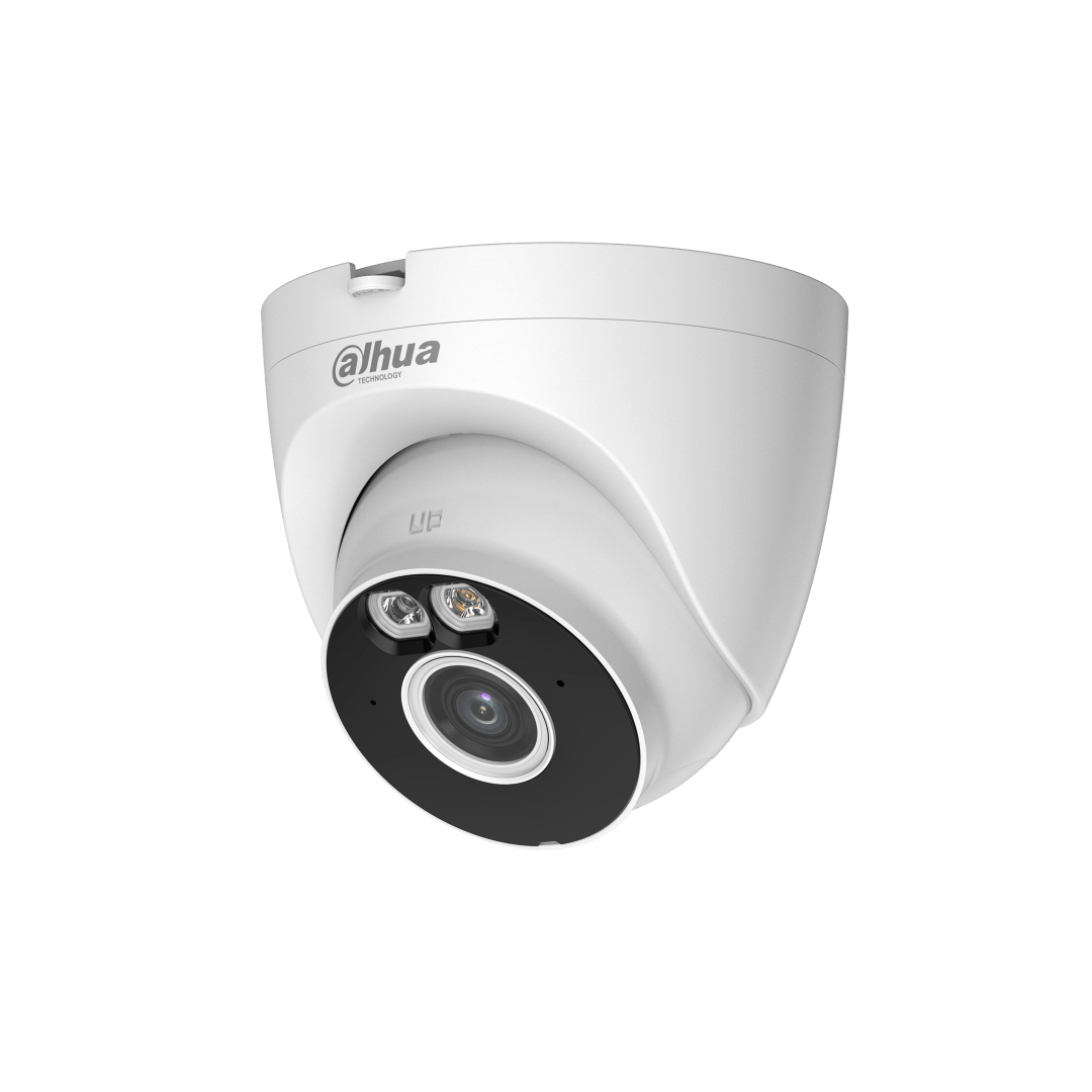 Witte Dahua T4A-PV dome beveiligingscamera met 2.8mm lens, ingebouwde LED-verlichting en microfoon voor buiten.