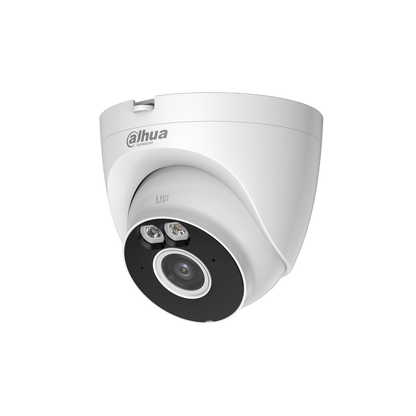 Witte Dahua T4A-PV dome beveiligingscamera met 2.8mm lens, ingebouwde LED-verlichting en microfoon voor buiten.