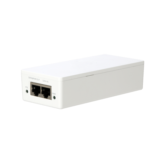 Witte Dahua TAM1GT1GT-30 PoE+ injector met twee Ethernet-poorten en compacte behuizing.
