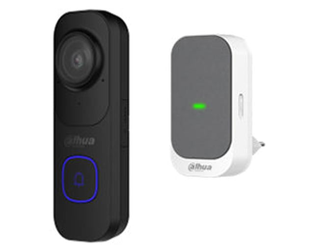Dahua VDKP01-BG zwarte Wi-Fi videodeurbel met camera en bijbehorende witte draadloze chime voor binnenshuis.
