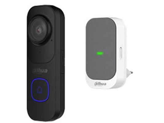 Dahua VDKP01-BG zwarte Wi-Fi videodeurbel met camera en bijbehorende witte draadloze chime voor binnenshuis.
