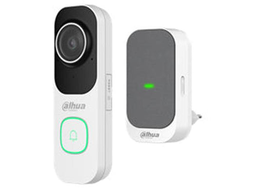 Witte Dahua Wi-Fi videodeurbel met camera en bijbehorende draadloze chime met groen indicatielampje.