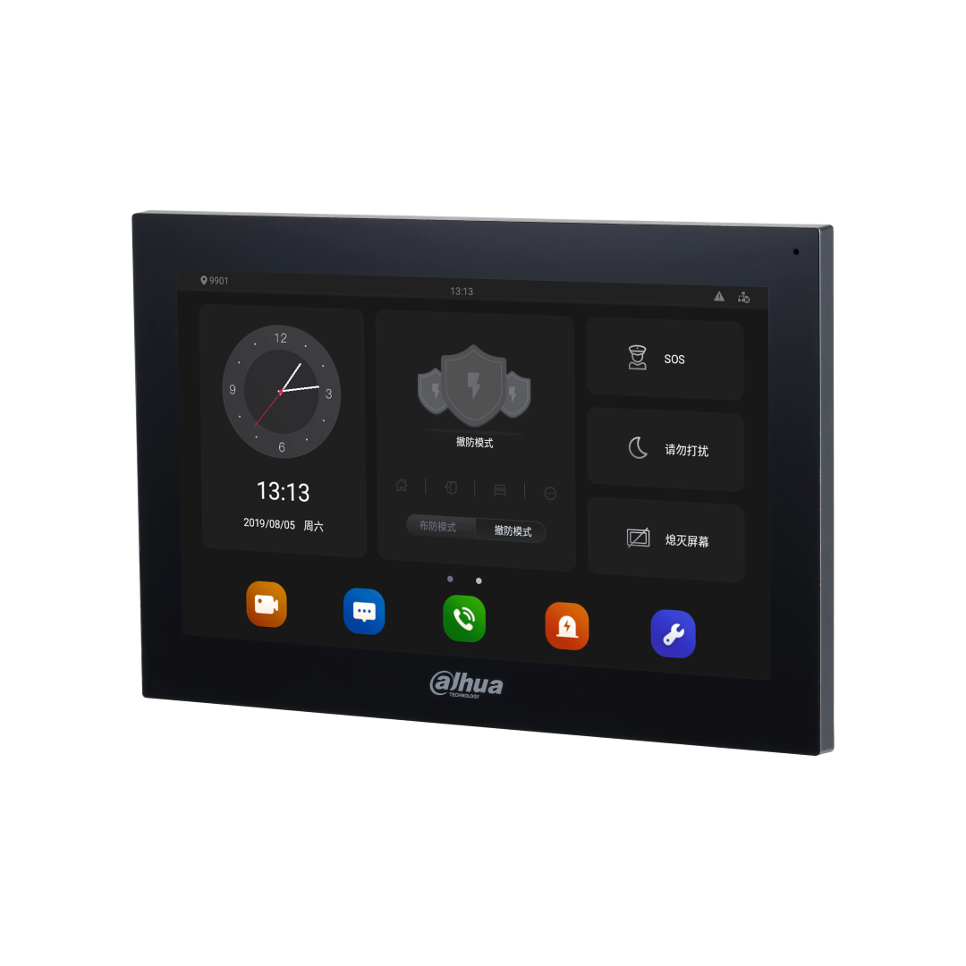 Zwarte Dahua VTH5341G-W 10-inch Android intercom monitor met capacitief touchscreen en intuïtieve gebruikersinterface.