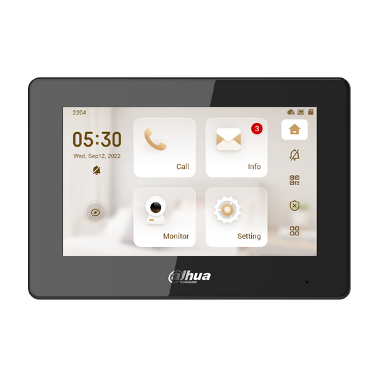 Zwarte Dahua 7-inch binnenmonitor met capacitief touchscreen en randloos 2.5D glazen design.