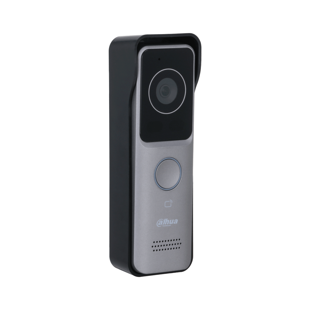 Ultraslanke Dahua VTO2311R-WP video intercom buitenpost in zilver met zwarte behuizing en geïntegreerde camera.