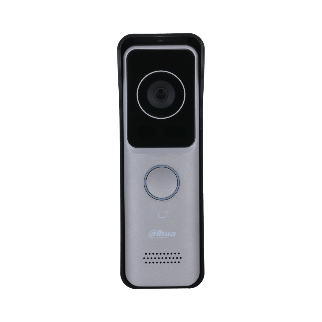 Ultraslanke Dahua VTO2311R-WP video intercom in zilver met zwarte camera en belknop.