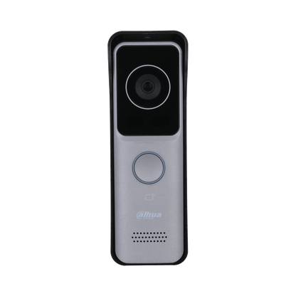 Ultraslanke Dahua VTO2311R-WP video intercom in zilver met zwarte camera en belknop.