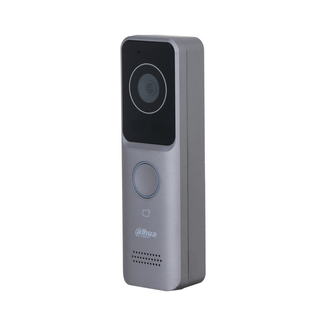 Ultraslanke grijze Dahua VTO2311R-WP video intercom met camera, belknop en kaartlezer voor buitengebruik.