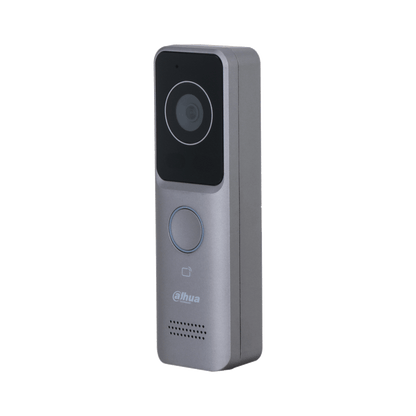 Ultraslanke grijze Dahua VTO2311R-WP video intercom met camera, belknop en kaartlezer voor buitengebruik.