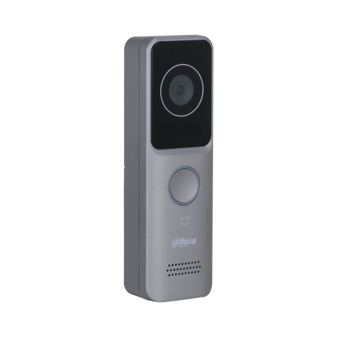 Ultraslanke grijze Dahua VTO2311R-WP video intercom buitenpost met camera, belknop en kaartlezer.
