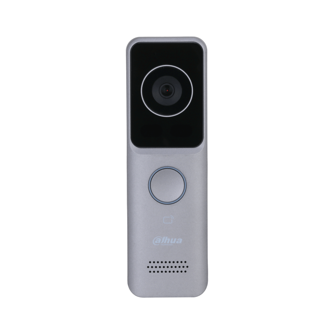 Ultraslanke zilverkleurige Dahua VTO2311R-WP video intercom met camera, belknop en kaartlezer.