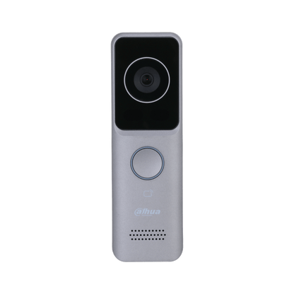 Ultraslanke zilverkleurige Dahua VTO2311R-WP video intercom met camera, belknop en kaartlezer.