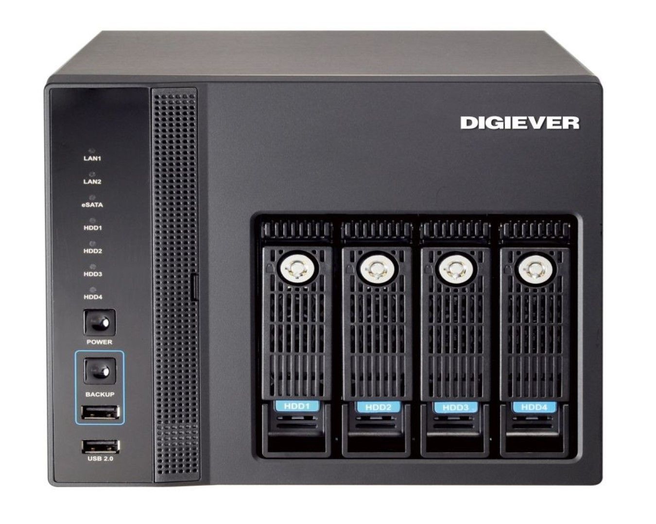 Zwarte DIGIEVER DS-4205 Pro+ NVR met vier hot-swap harde schijflades, statuslampjes en USB-poorten aan de voorzijde.
