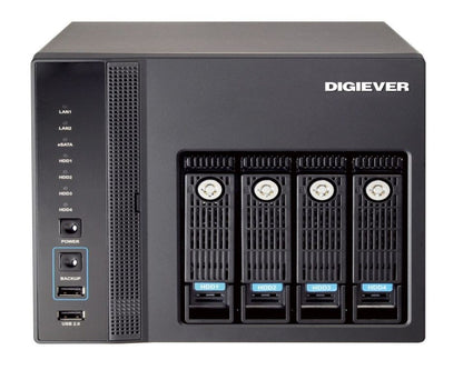 Zwarte DIGIEVER DS-4205 Pro+ NVR met vier hot-swap harde schijflades, statuslampjes en USB-poorten aan de voorzijde.