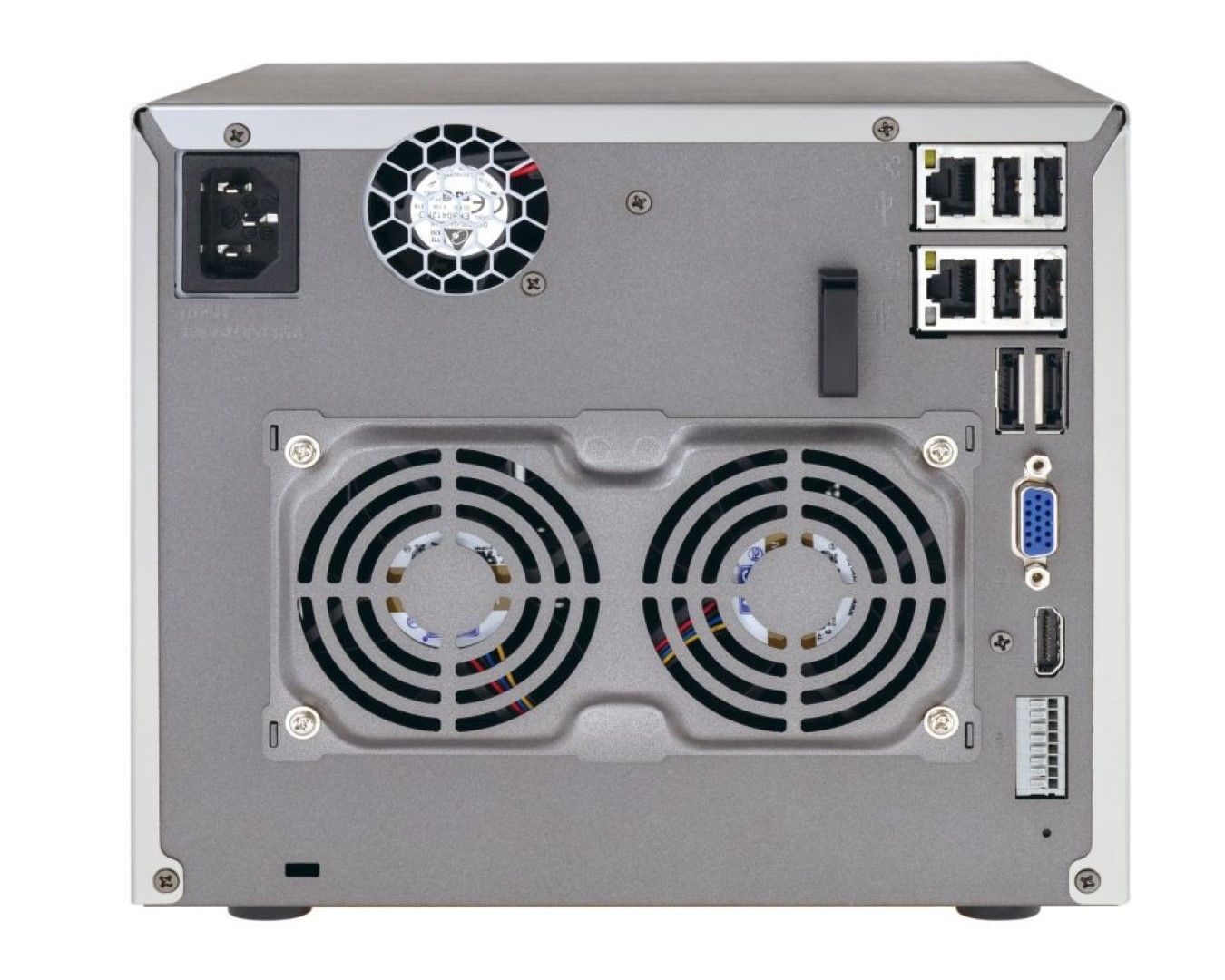 Achterkant van grijze DIGIEVER DS-4205 Pro+ NVR met dubbele koelventilatoren, HDMI, VGA, USB-poorten en netwerkaansluitingen.