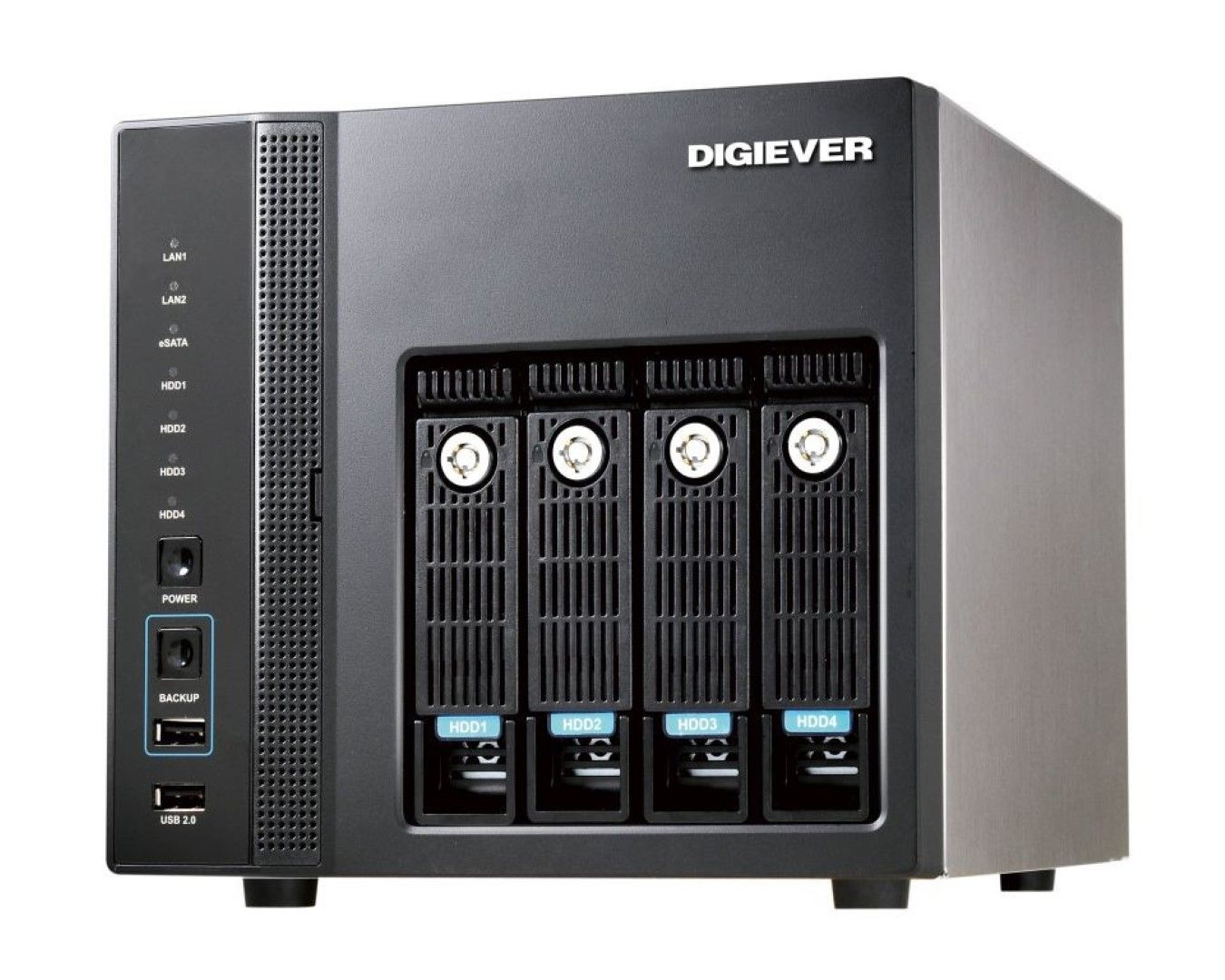 Zwarte DIGIEVER DS-4205 Pro+ NVR met vier hot-swap HDD-bays, statuslampjes en USB-poorten in een compacte metalen behuizing.