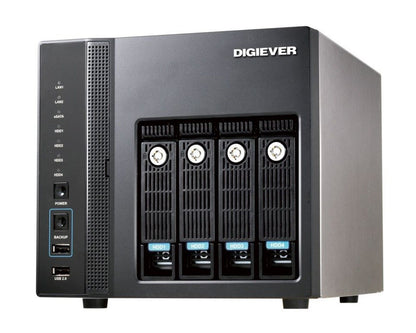 Zwarte DIGIEVER DS-4205 Pro+ NVR met vier hot-swap HDD-bays, statuslampjes en USB-poorten in een compacte metalen behuizing.