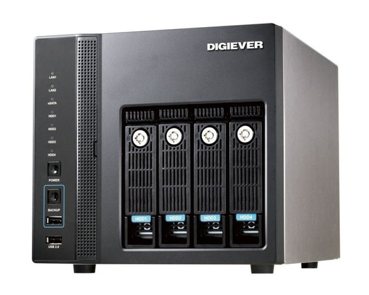 Zwarte DIGIEVER DS-4205 Pro+ NVR met vier hot-swap HDD-bays, statuslampjes en USB-poorten in een compacte metalen behuizing.