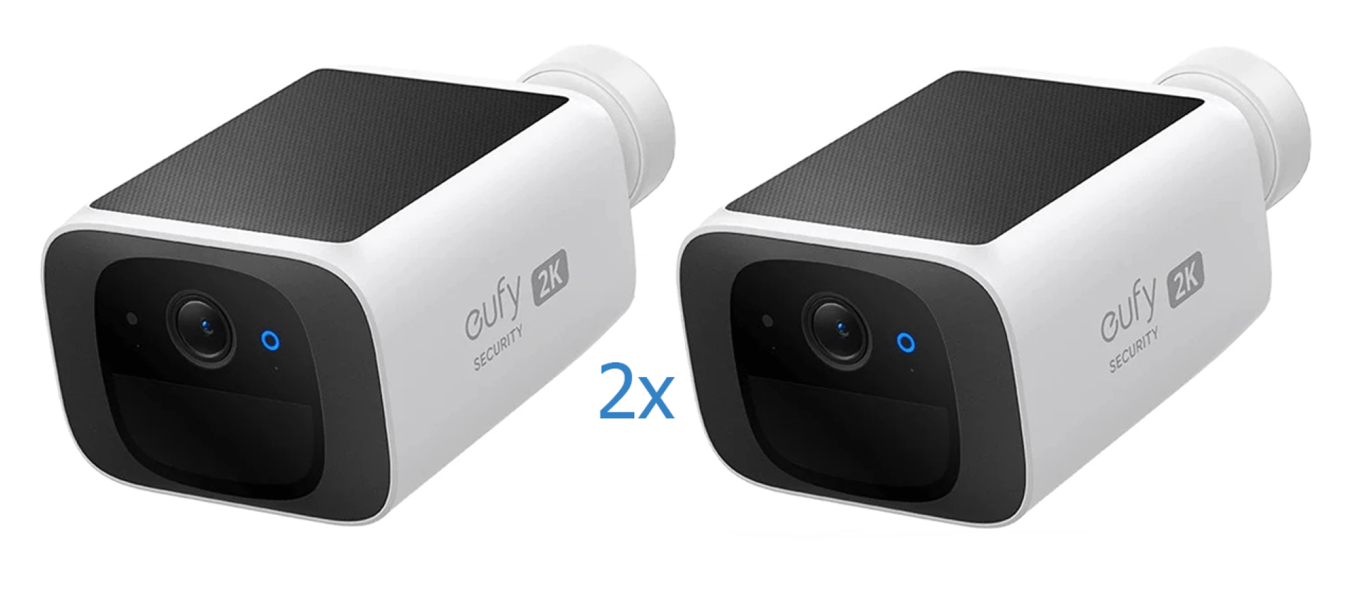 Twee witte Eufy S220 SoloCam 2K beveiligingscamera's met ingebouwd zonnepaneel en zwarte lensbehuizing.