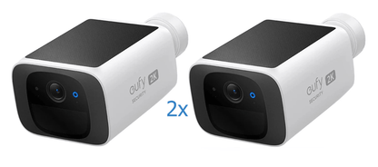 Twee witte Eufy S220 SoloCam 2K beveiligingscamera's met ingebouwd zonnepaneel en zwarte lensbehuizing.