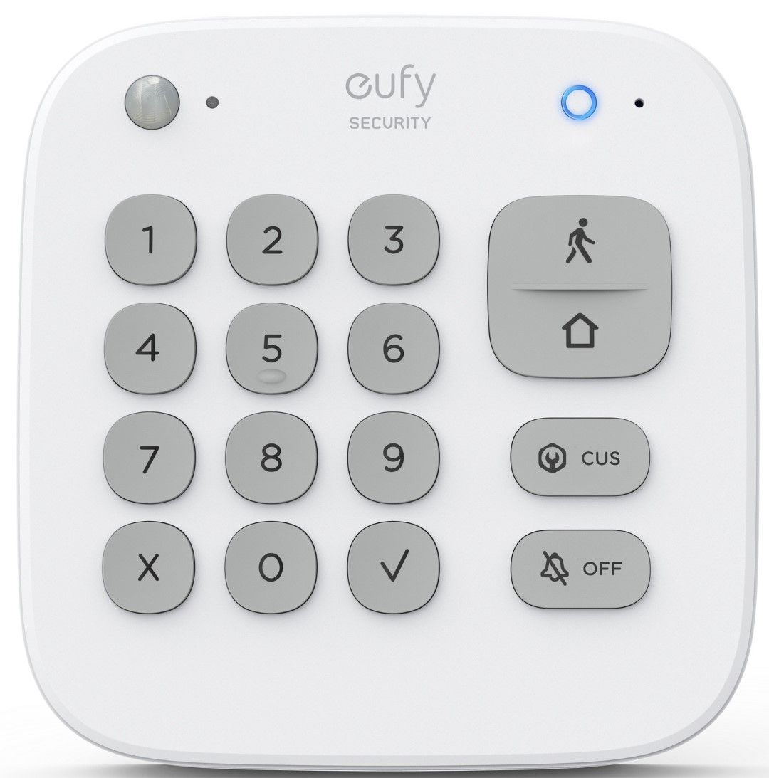 Witte Eufy Security draadloos cijferpaneel met grijze toetsen en blauwe statusindicator voor alarmsysteem.