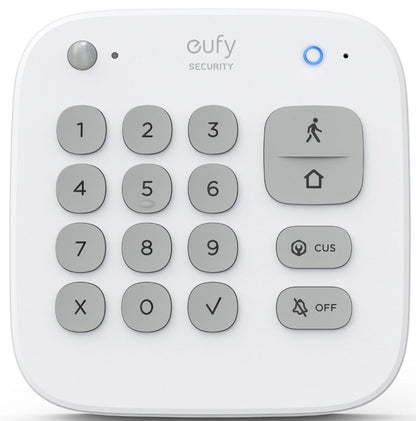 Witte Eufy Security draadloos cijferpaneel met grijze toetsen en blauwe statusindicator voor alarmsysteem.