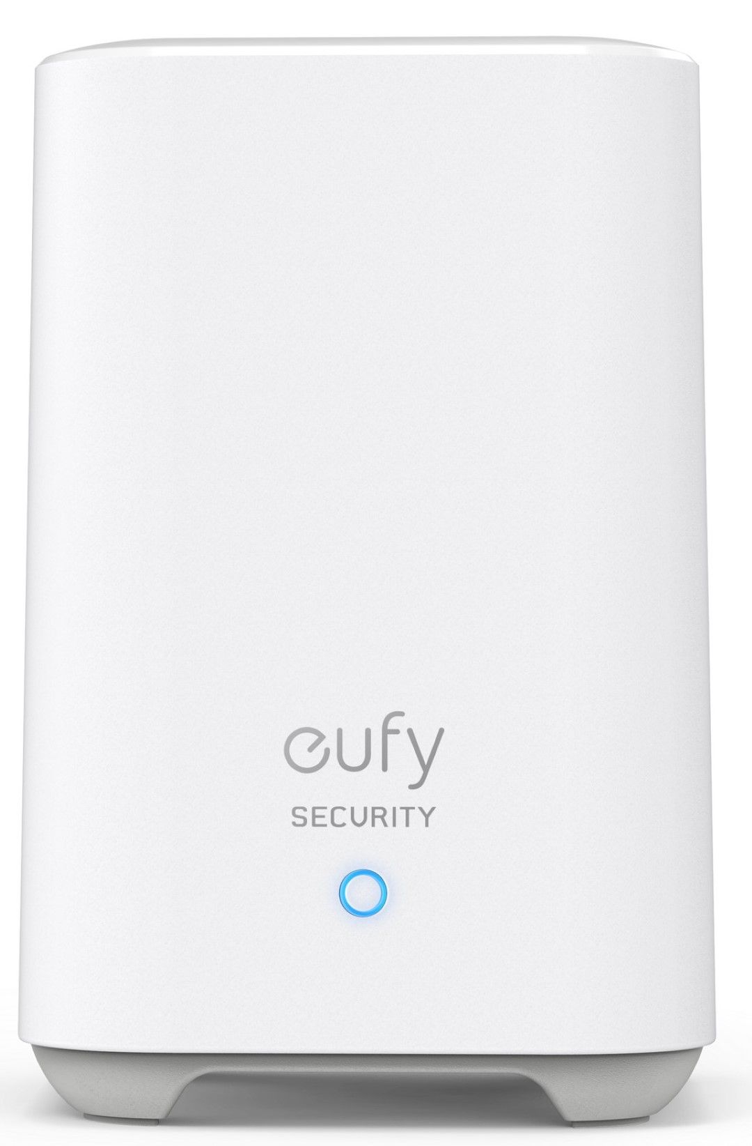 Witte Eufy HomeBase basisstation met strak design, grijs logo en blauw statuslampje voor draadloos alarmsysteem.