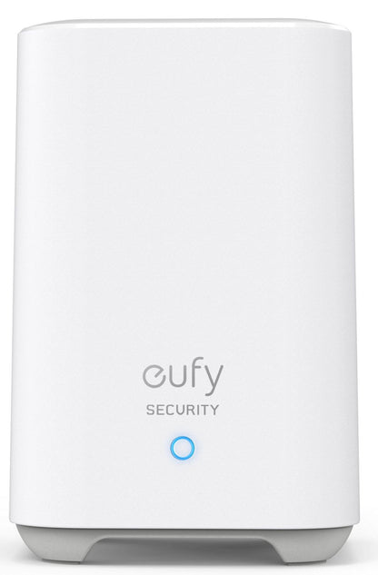 Witte Eufy HomeBase basisstation met strak design, grijs logo en blauw statuslampje voor draadloos alarmsysteem.