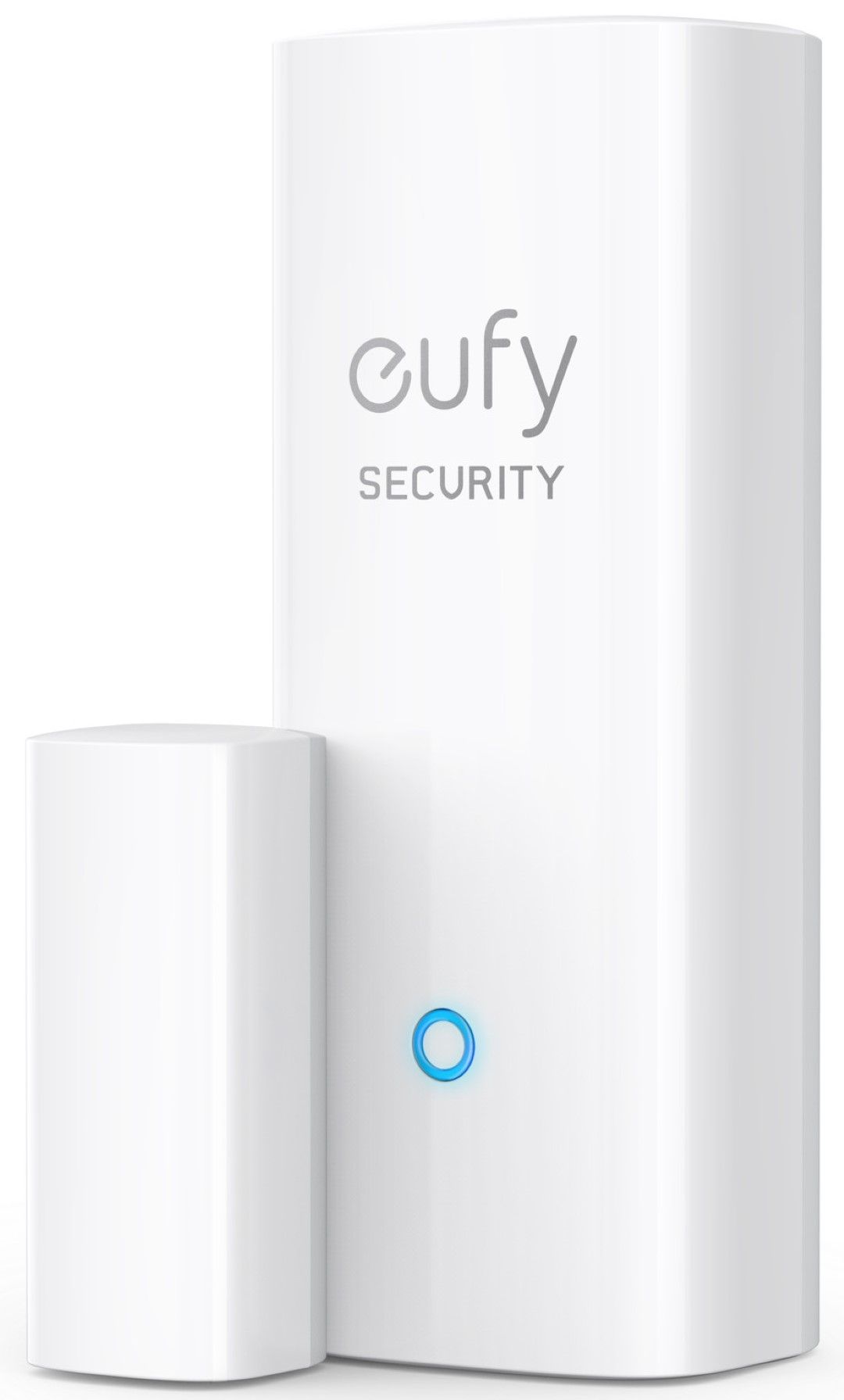 Witte Eufy Security deur- en raamsensor met strak design en blauw statuslampje op een witte achtergrond.