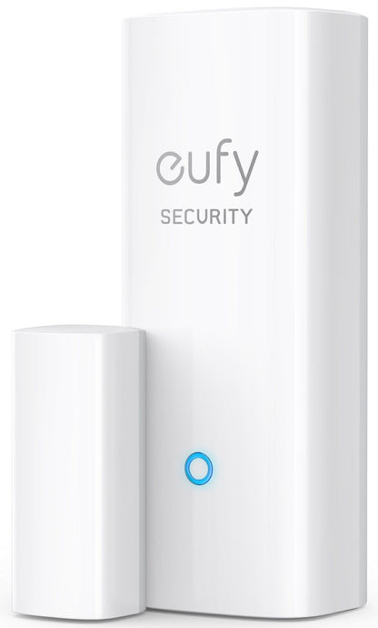 Witte Eufy Security deur- en raamsensor met strak design en blauw statuslampje op een witte achtergrond.