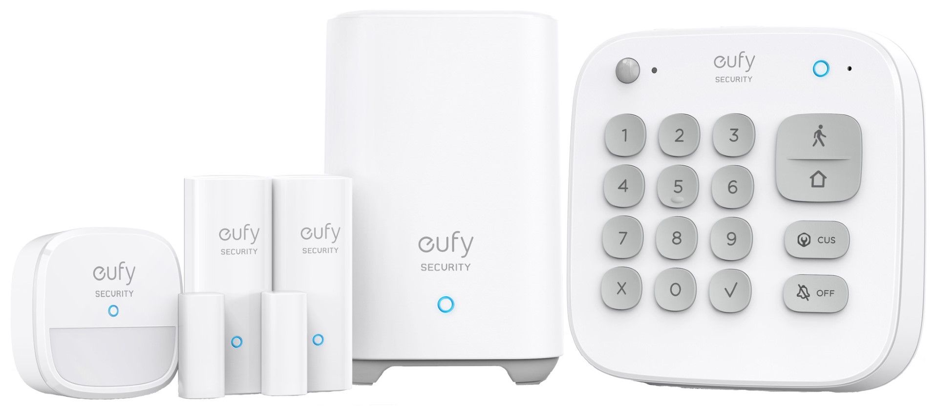 Witte Eufy 5-in-1 alarmsysteem set met HomeBase, cijferpaneel, bewegingssensor en twee deur- en raamsensoren.